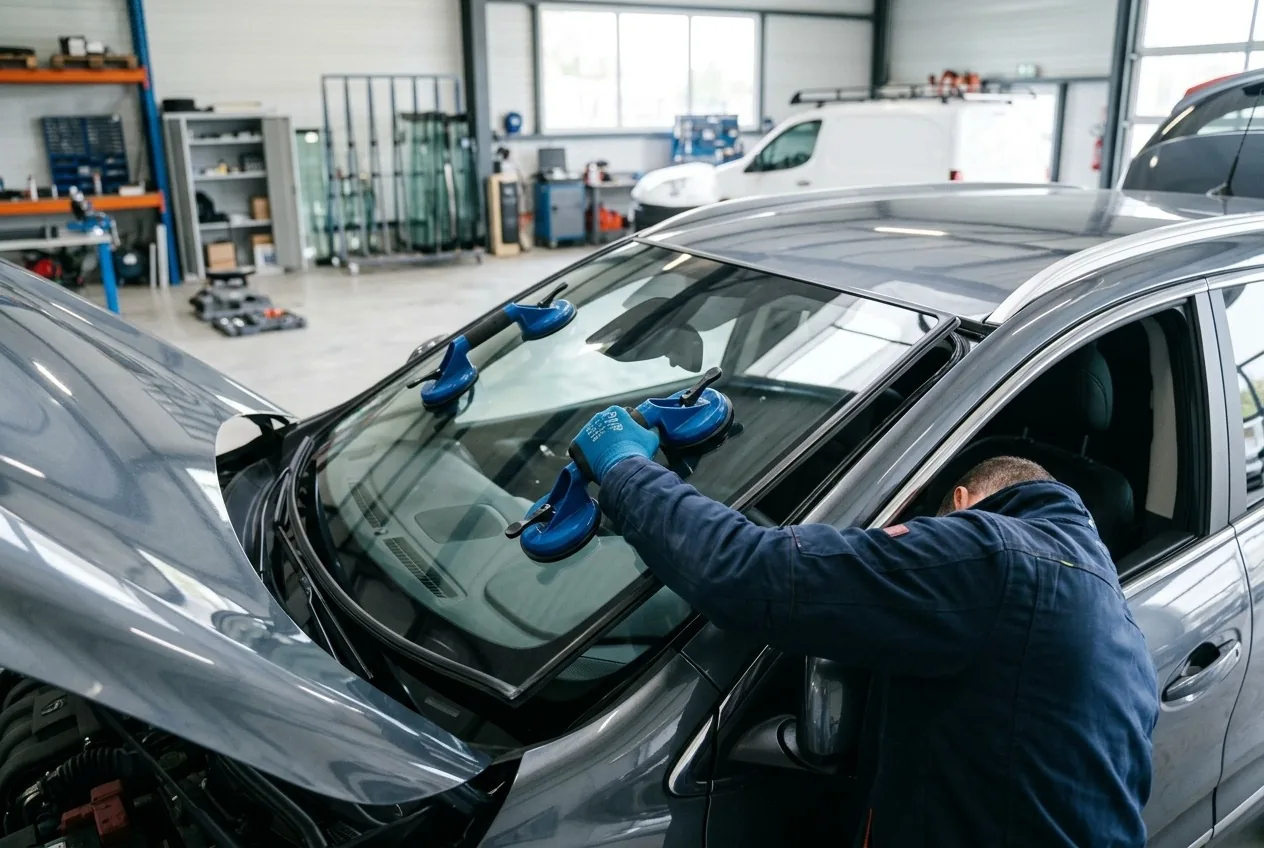 Technicien Ava Glass remplaçant un pare-brise dans l'atelier à Évreux